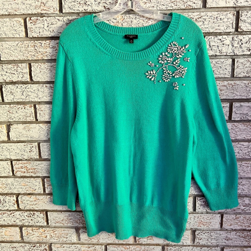Talbots Woman Green‎ Rhinestone Floral Cotton Cashmere Sweater 2X 3/4 Sleeve